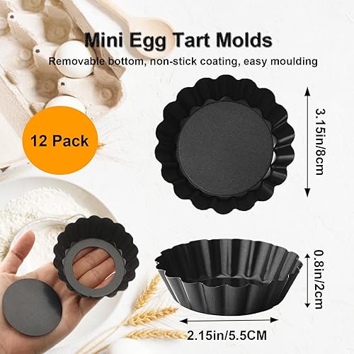 Miniatura 4 de Paquete de 12 moldes para quiche de 3 pulgadas, moldes redondos para tarta de huevo con parte inferior extraíble. Moldes pequeños para tartas