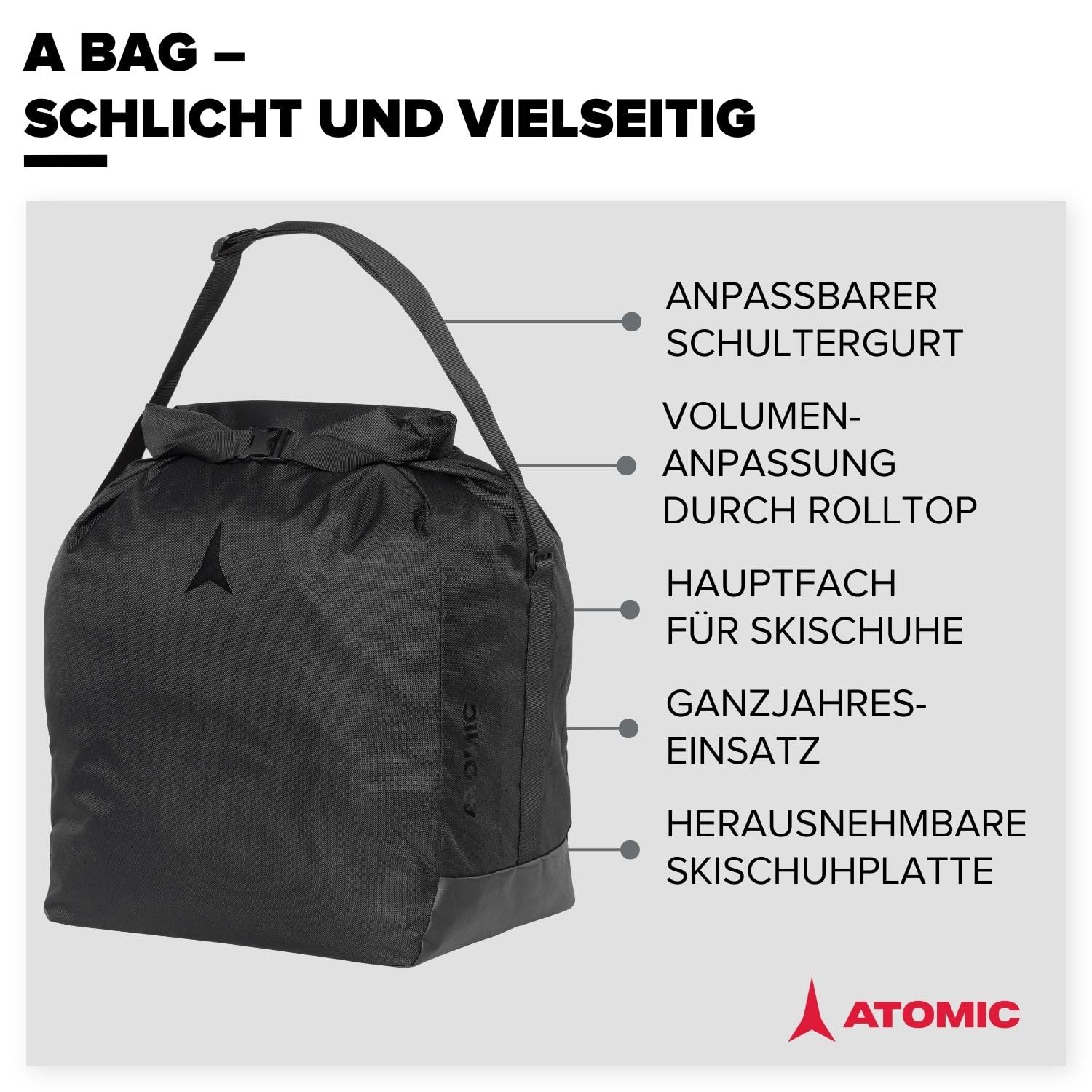 Atomic A Bag I Skischuhtasche I Praktische Tasche für den Winter & Sommer I Skischuhaufbewahrung I Wintersporttasche mit anpassbaren Schultergurt & Rolltop I Herausnehmbare Skischuh-Platte