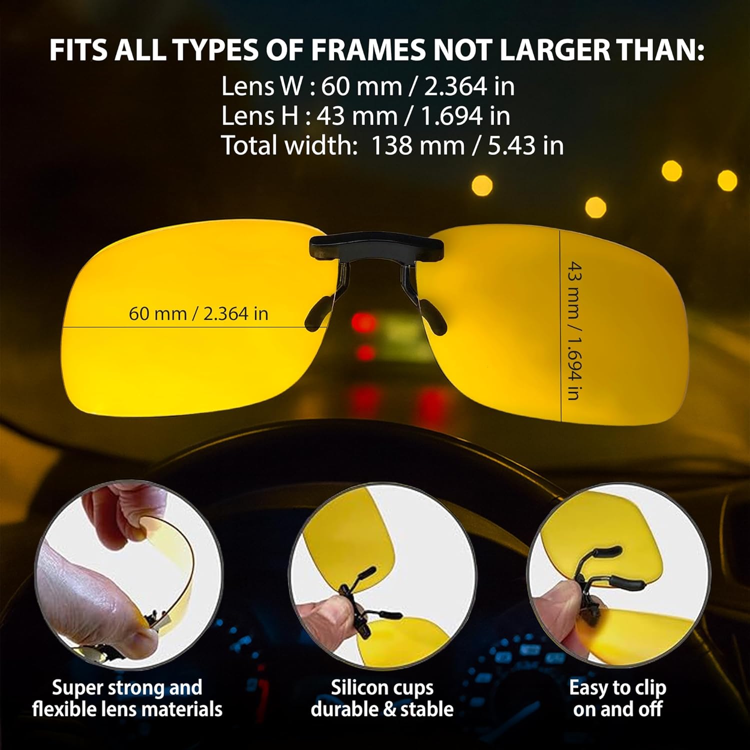 BLUE CUT Clip on Polarized Night Vision, Driving Sunglasses UV 400 Blocker To Wear Over Prescription Glasses - Image 5