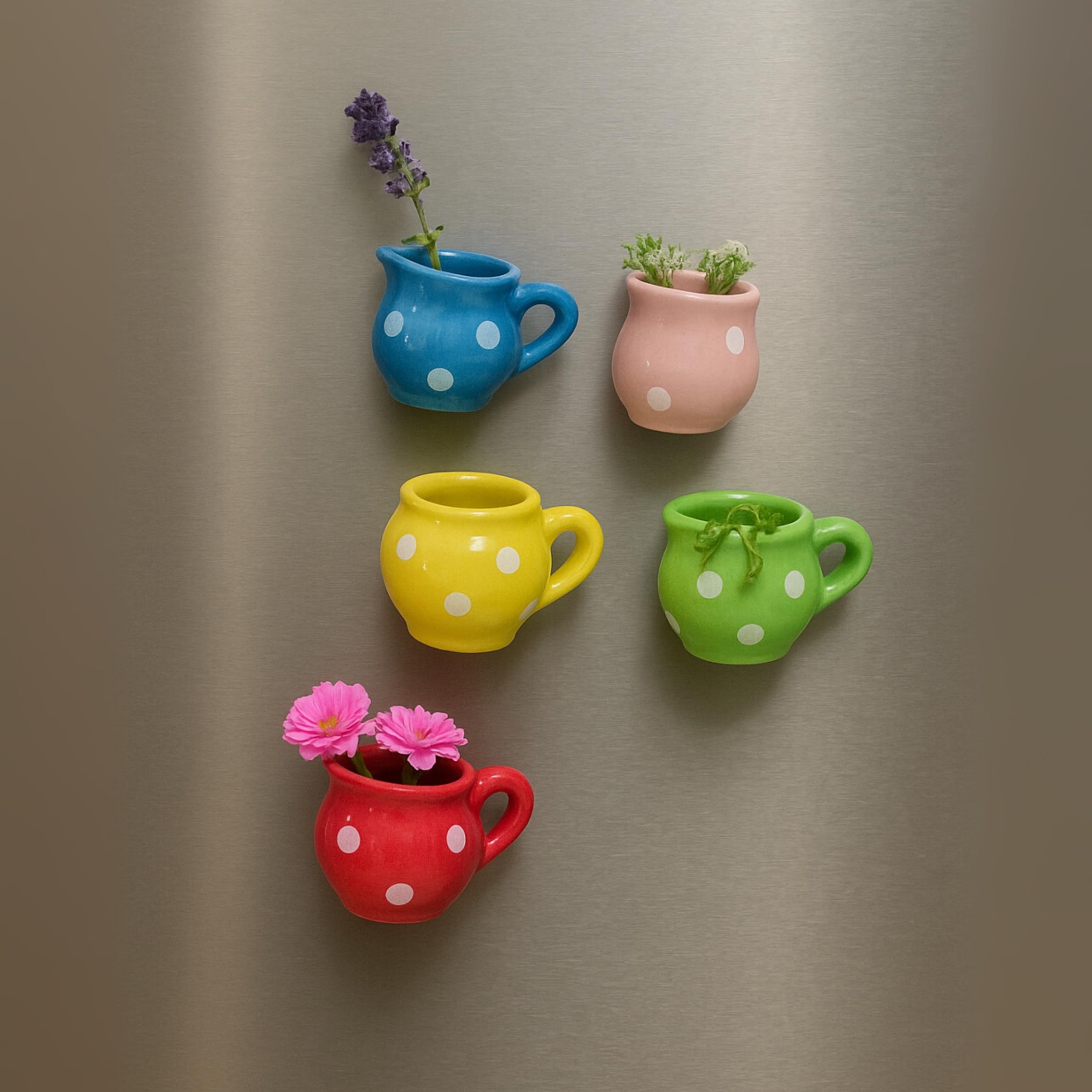 QSHI Studio Ceramic Fridge Magnets - Polka | Tiny Decorative Attractive Flower Vase for Fridge or Steel Cupboard | Cute Small Planter Shape | Unique Fridge Accessories (Set of 5)-image-40