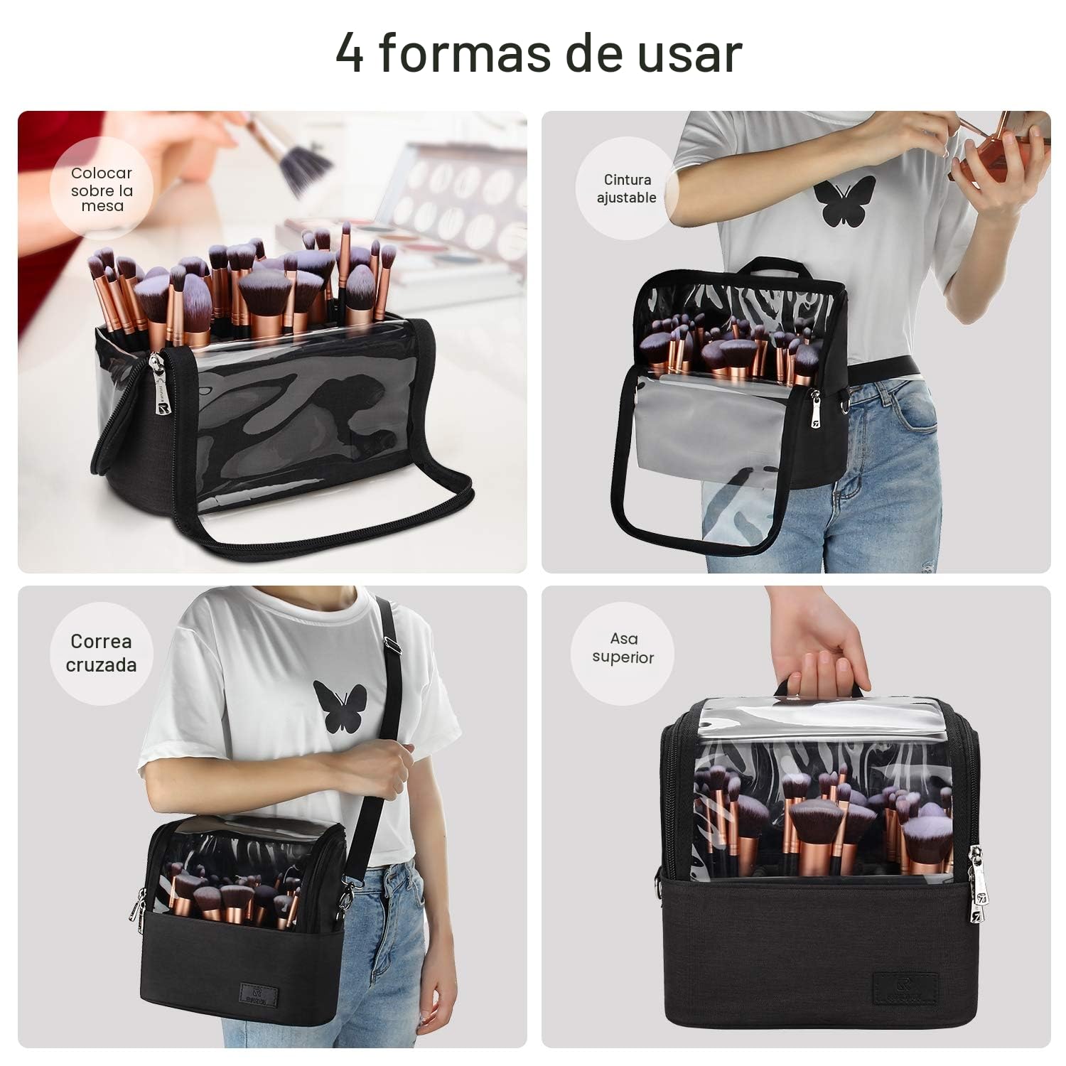 Relavel Estuche de cosméticos profesional organizador de brochas de maquillaje con soporte de correa de cinturón, bolsa de cosméticos multifuncional, bolsa de maquillaje para viajes, Black, L