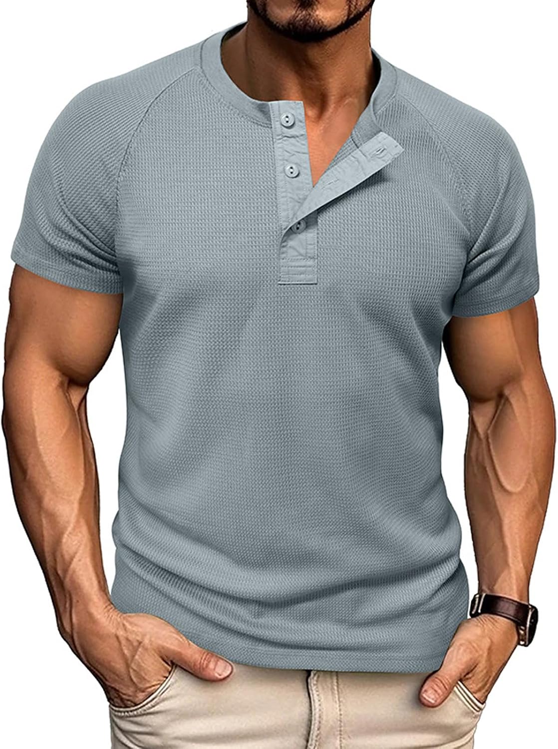 WENKOMG1 T Shirts for Man Short Sleeve Waffle Knit Henley Shirts Casual Stylish Button T-Shirt, S-2XL