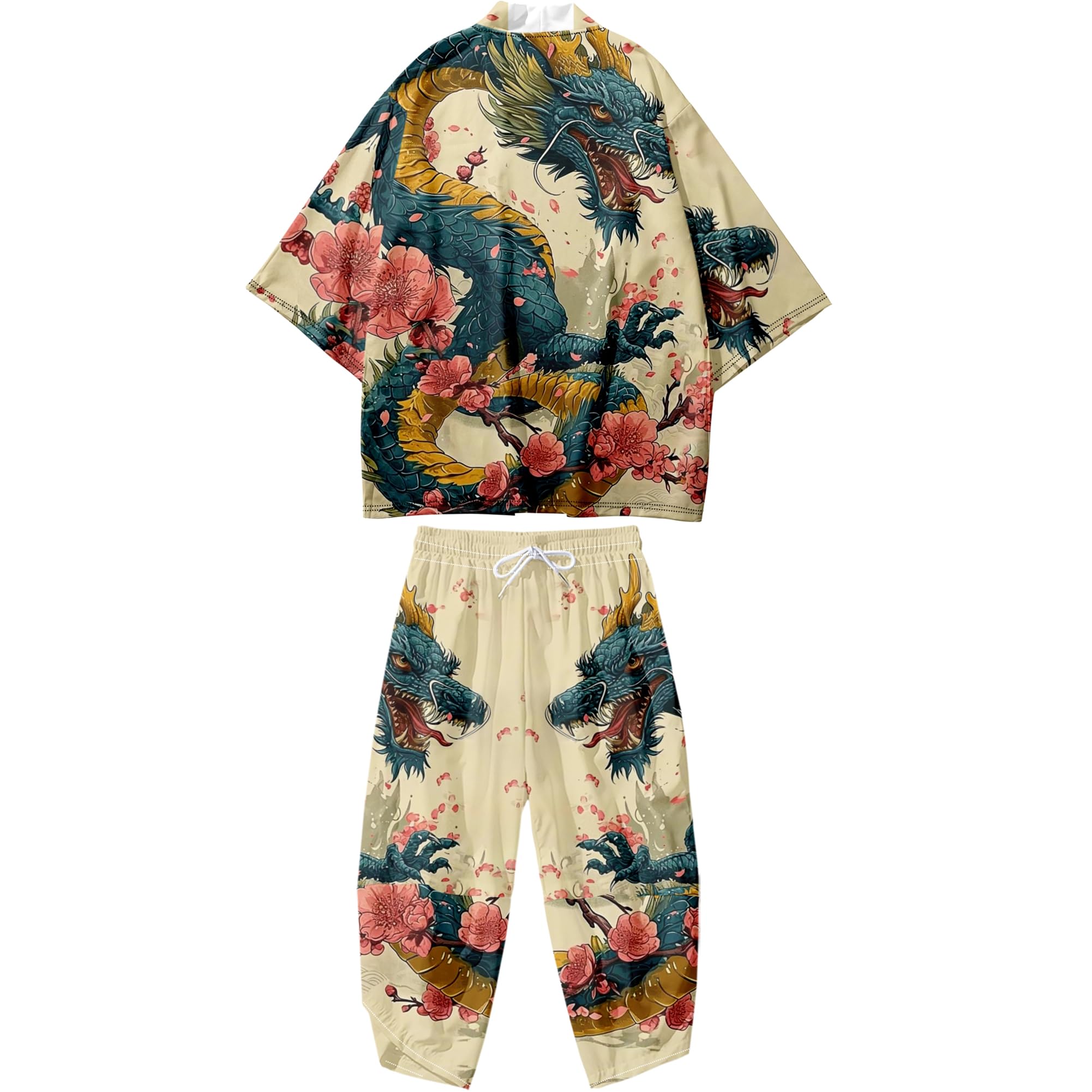 Mens Kimono Set Japanese Kimono Shirt &amp; Shorts 2 Piece Summer Beach Outfits