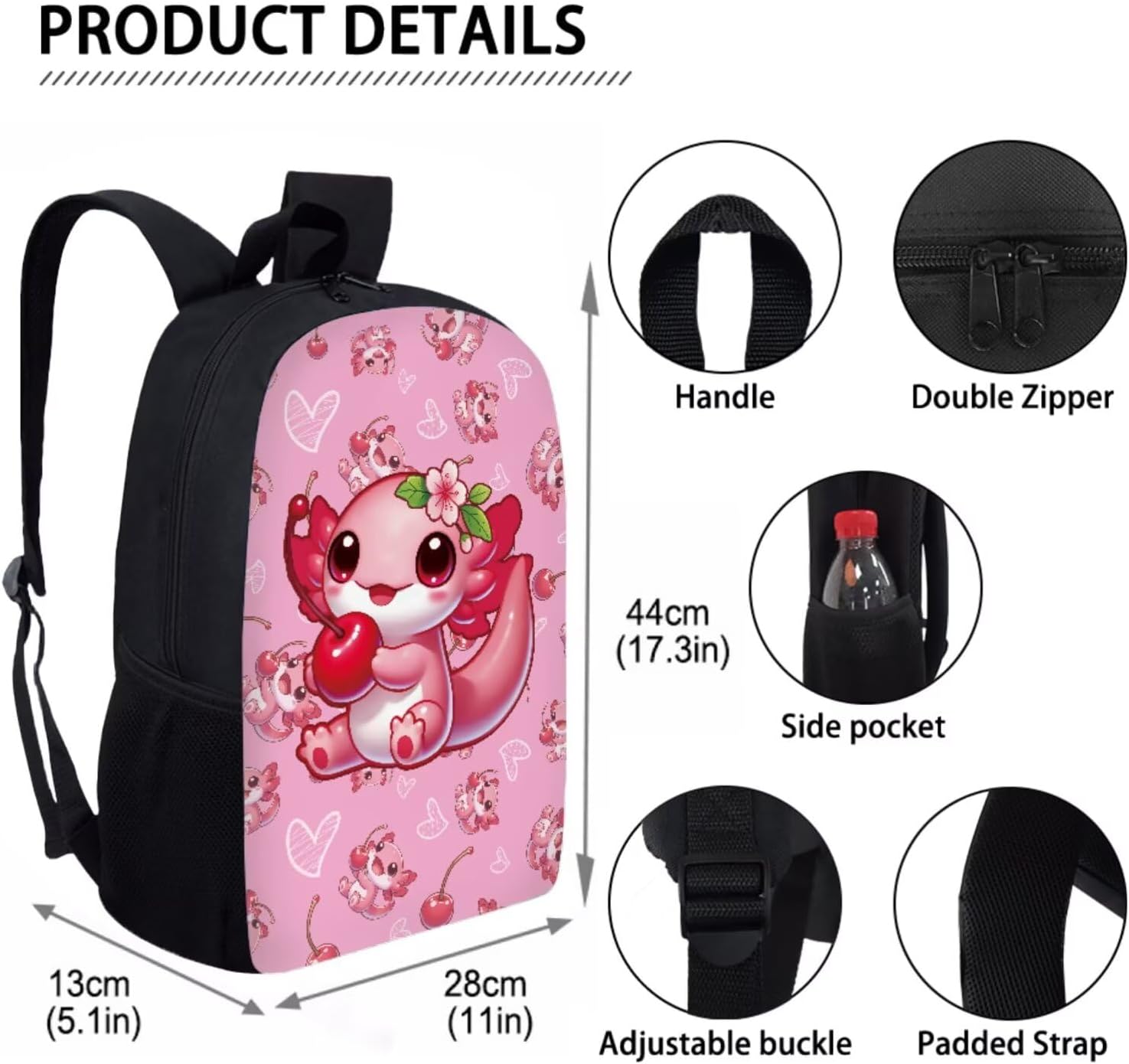 Cute Axolotl School Backpack with Lunch Bag Pencil Bag Set for Little Girls,4 in 1 Animal Children Bookbag for Girls 6-10 Years Old Primary Middle Student Large Capacity Hiking Daypack