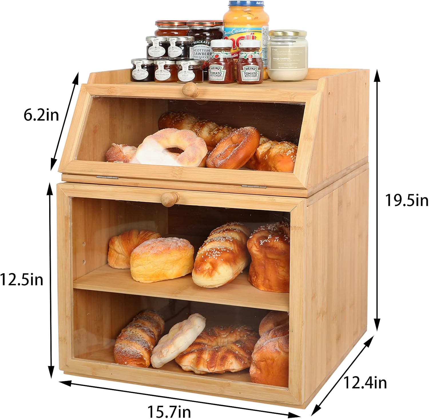 X-cosrack Large Double Separable Bamboo Bread Box Storage with Clear Window and Adjustable Compartment for Kitchen Countertop,Natural : Everything Else