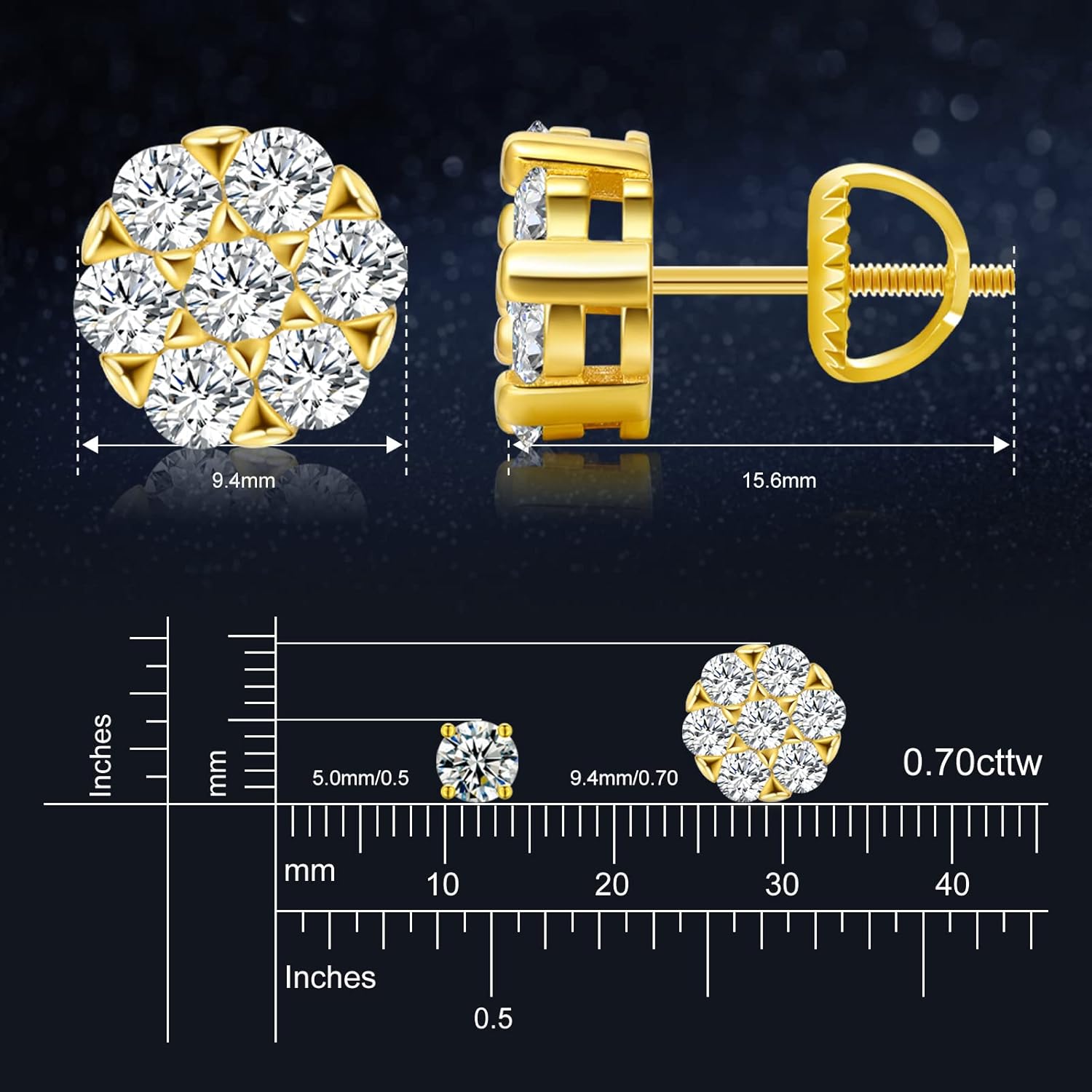 Moissanite Cluster Earrings for Men Women 1.4 Cttw 7 Stone Flower Cluster Earrings Screw Backs 18k Gold Plated S925 Sterling Silver Lab Created Moissanite Earrings Studs 9mm Big Stud for Sensitive Ear - Image 7