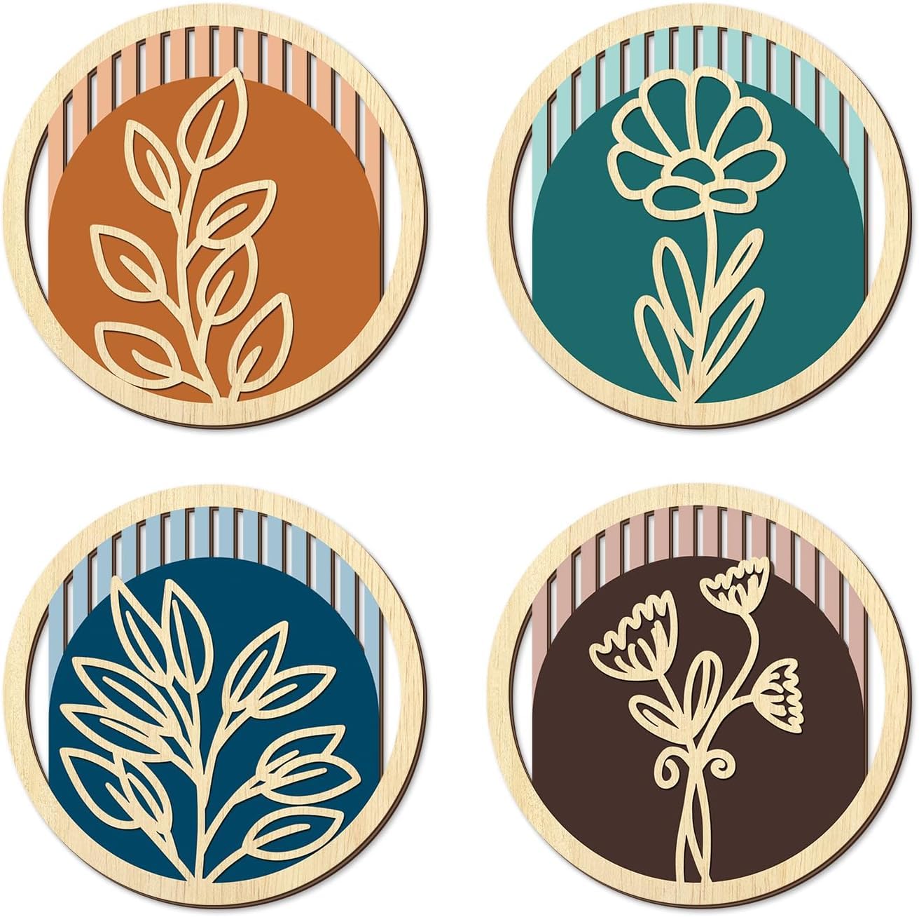 TOARTi 4Pcs Wooden Boho Floral Wall Art Set, Modern Minimalist Flower Wooden Hanging Sign,Bohemian Plants Artwork,Farmhouse Vintage Botanical Wall Decor for Living Room Bedroom Office Bathroom