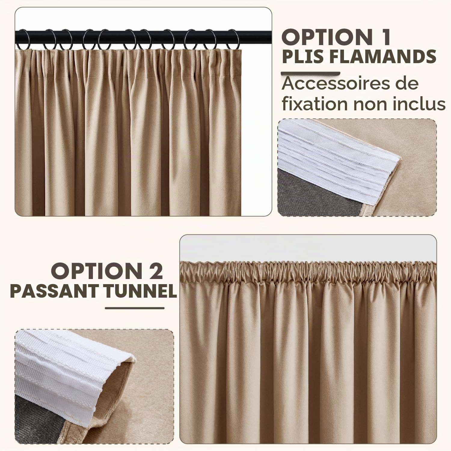 Woaboy Rideaux à Cordon Isolants en Velours 140x245 cm Beige | Rideaux Modernes Semi-Occultants pour Salon et Chambre à Coucher Rideau épais en Satin Thermique