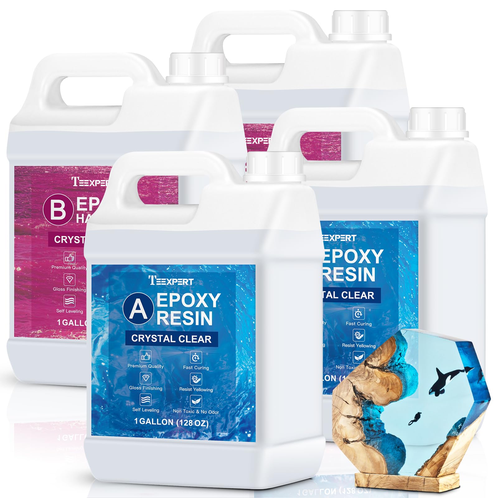Teexpert Crystal Clear Epoxy Resin Kit 4 Gallon Self-Leveling Coating and Casting Resin, High-Gloss & Bubbles Free Resin and Hardener Kit for DIY Art, Jewelry, Table Top, Molds, Wood 1:1 Ratio