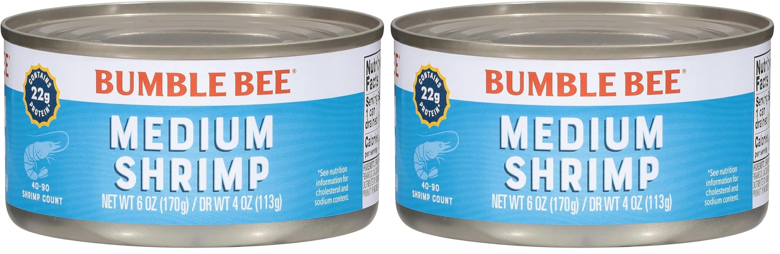 Bumble Bee Medium Canned Shrimp, 6 oz Can - Shrimp in Water, Cooked, Peeled, Deveined - 22g Protein per Serving - Gluten Free (Pack of 2)
