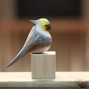 Hand Carved Wooden Cockatiel Bird Figurine Small Wooden Cockatiel Bird Decor for Home Bird Statue for Shelf Decor Cockatiel