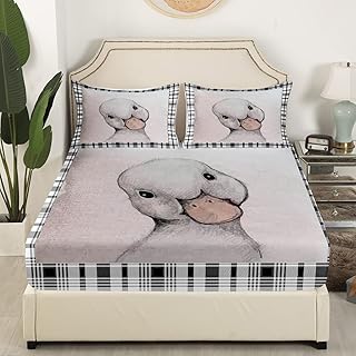 Castle Fairy Cute Duck Pattern Fitted Sheet Queen Size Black White Grid Stripes Bedding Set Lovely Animal Sheet Set,Duck Pattern Bed Cover Ultra Soft Breathable Bedspread 3 Pcs for Kids Teens Boys
