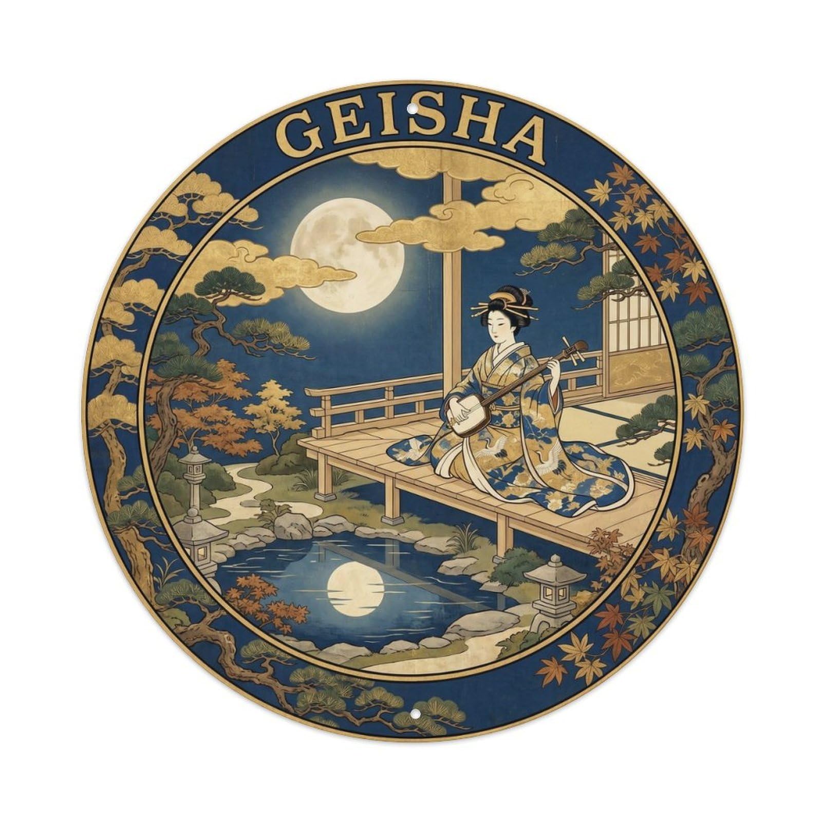 Olyhtr 8X8inch Classic Style Geisha Shamisen Moon Night Yamato Cobalt Gold Metal Tin Sign