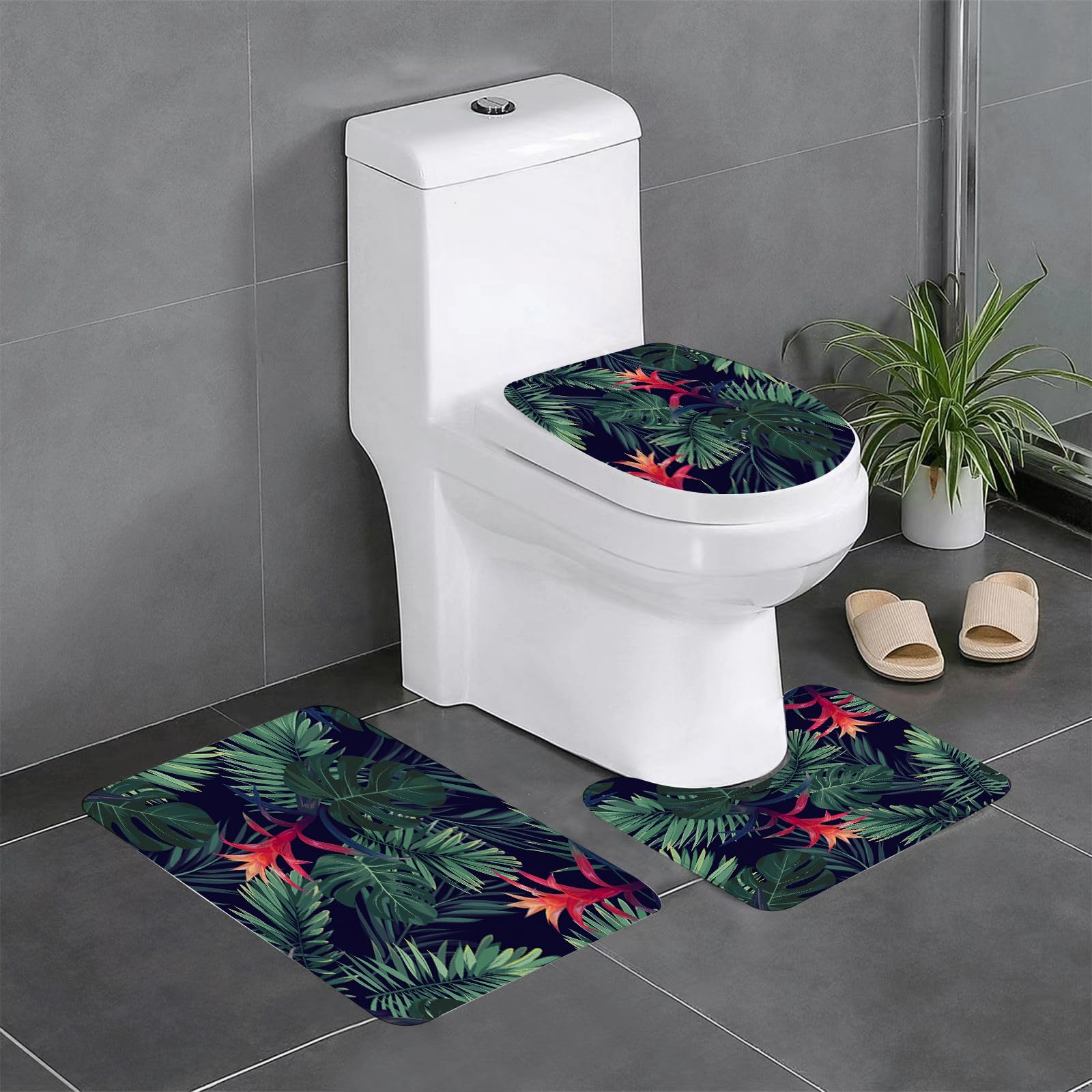 AELKSP 3 Piece Non Slip Bathroom Rugs Set,Luxury Thick Microfiber Shaggy Bath Mat Sets,Tropical Palm Leaf Jungle Leaves,Machine Washable Bathroom Mats Carpet