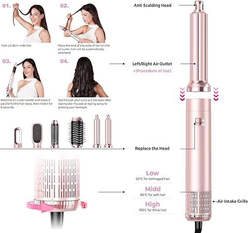 Miniatura 8 de Cepillo secador de pelo 6 en 1, moldeador de aire desmontable, 3 ajustes de calor, cepillo secador de pelo, sin encrespamiento, alisado, rizado,