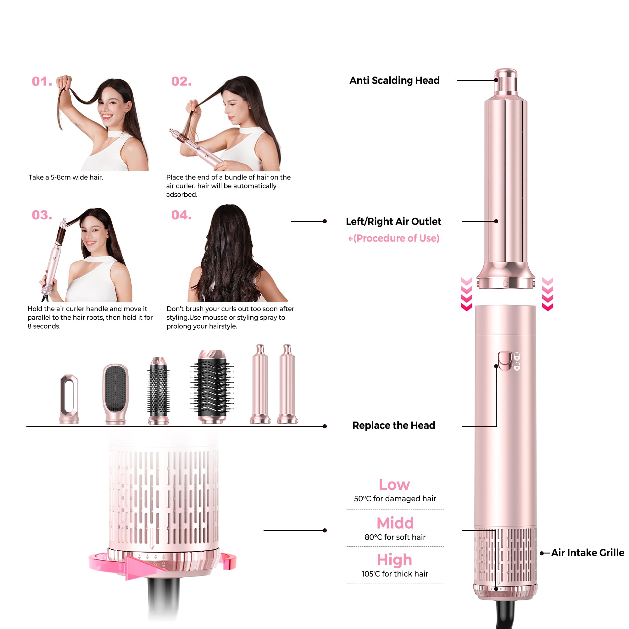 MogaWave Pro Airbrush Air Styler en 1 Hair Styler avec 1000W Brosse Soufflante, Seche Cheveux, Brosse Seche Cheveux, Brushing Brosse Soufflante, air Boucleur, Brosse Brushing Soufflante