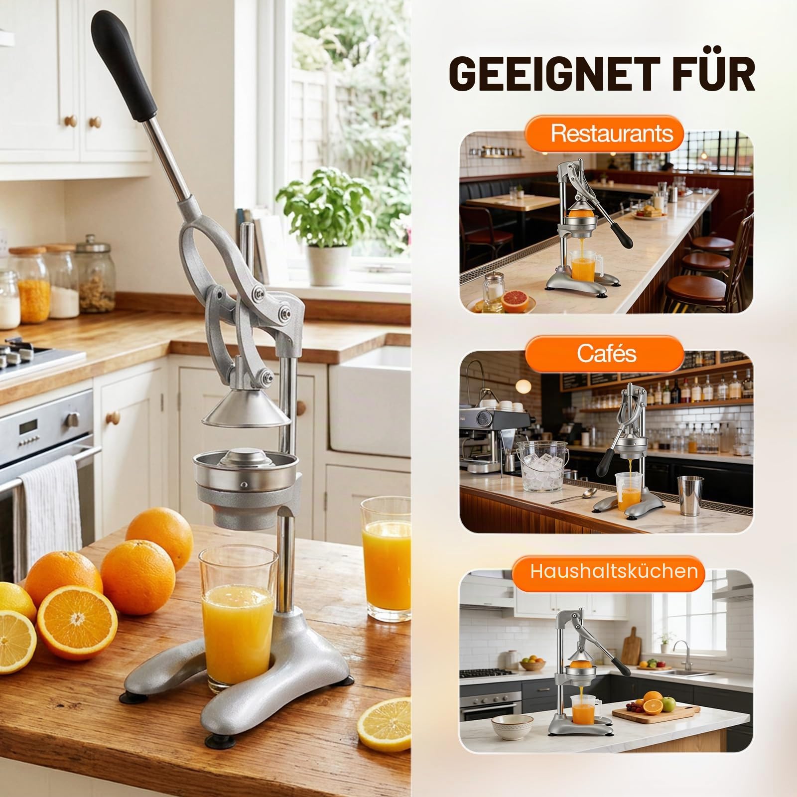 Saftpresse Manuell, professionelle Zitruspresse aus 304 Edelstahl, Hebelfruchtpresse mit 2 Pressköpfen, Orangenpresse Handpresse für Orangen, Zitronen, Granatäpfel, Grapefruits