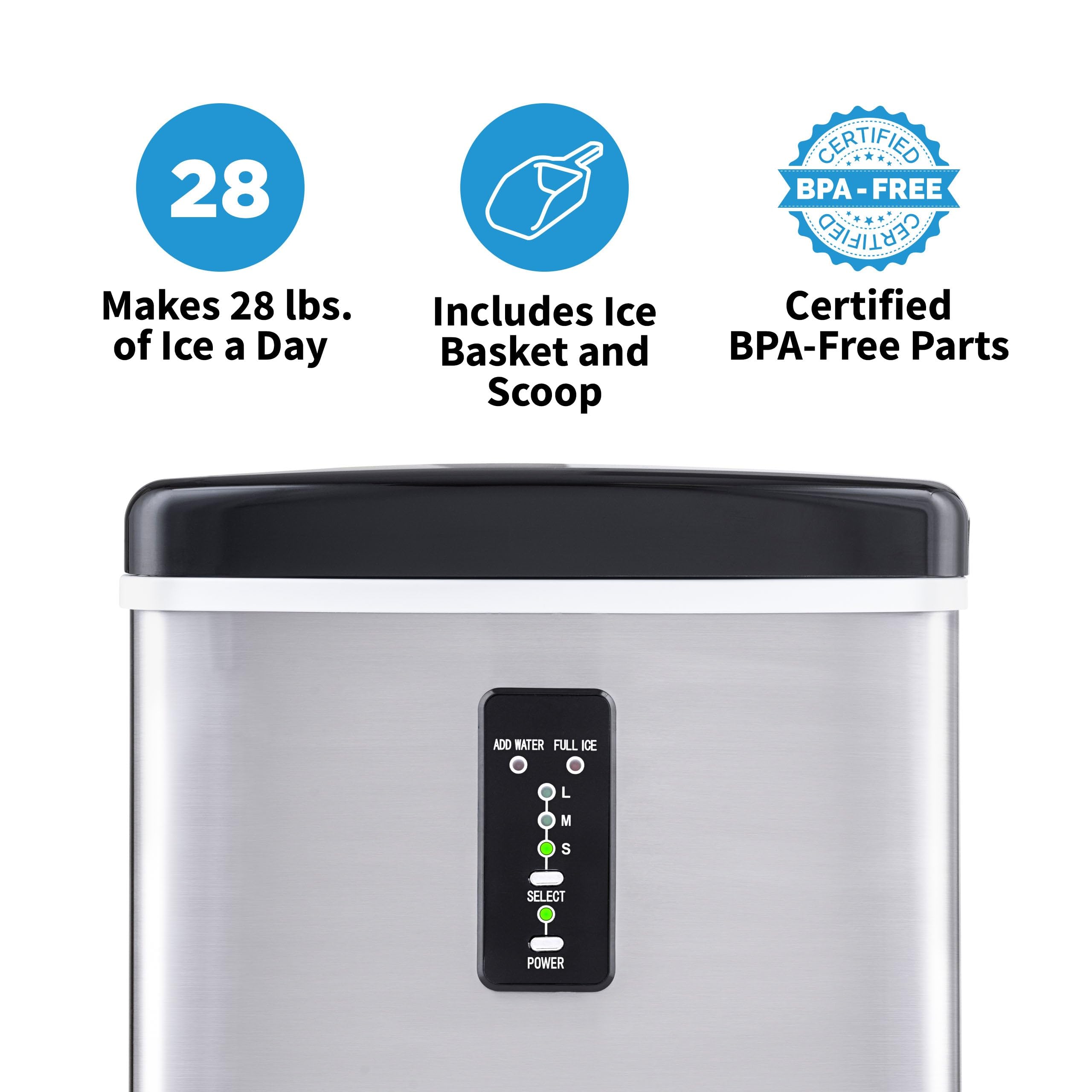 NewAir 28 Lb. Countertop Ice Maker | Portable Bullet Ice Machine | Fresh Ice In 10 Minutes, 3 Ice Sizes | Compact Stainless Steel With Scoop & Basket on Fridge.com - View 3