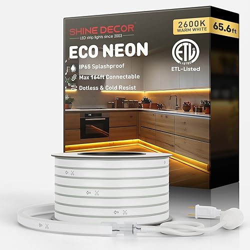 Shine Decor Tira de luces LED de neón de 656 pies656ft color blanco cálido con certificación ETL tira de luz LED de neón flexible IP65 impermeable