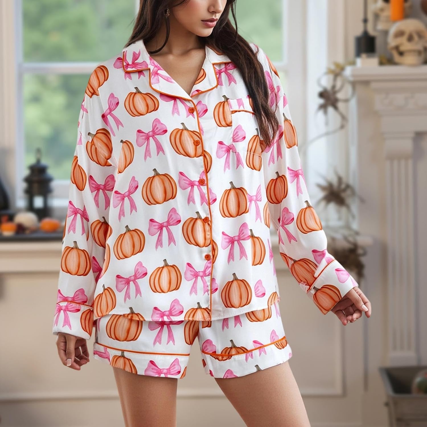 SOOKABEILA Womens Halloween Silk Pajama Set Pumpkin Bow Print Long Sleeve Button Down Shirt Shorts Y2k Holiday Sleepwear