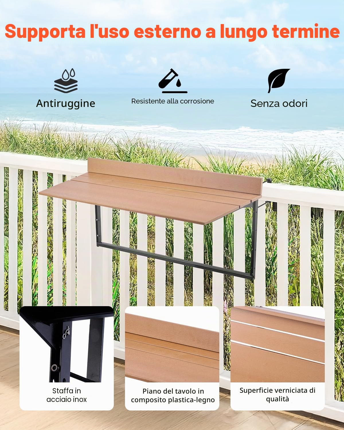 VEVOR Tavolo Sospeso per Balcone Pieghevole per Ringhiera del Balcone da 1000 x 485 x 480 mm, Tavolo da Bar all'Aperto in Acciaio Inox per Ringhiere, Regolabile su 5 Livelli Altezza