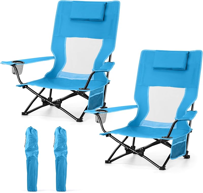Sillas de playa bajas, 2 sillas plegables para acampar con césped para adultos, azul | Respaldo Alto con Almohada, Diseño Ergonómico, Construcción Sólida, Ideal para Playa, Camping, Pesca, Senderismo, Pesca