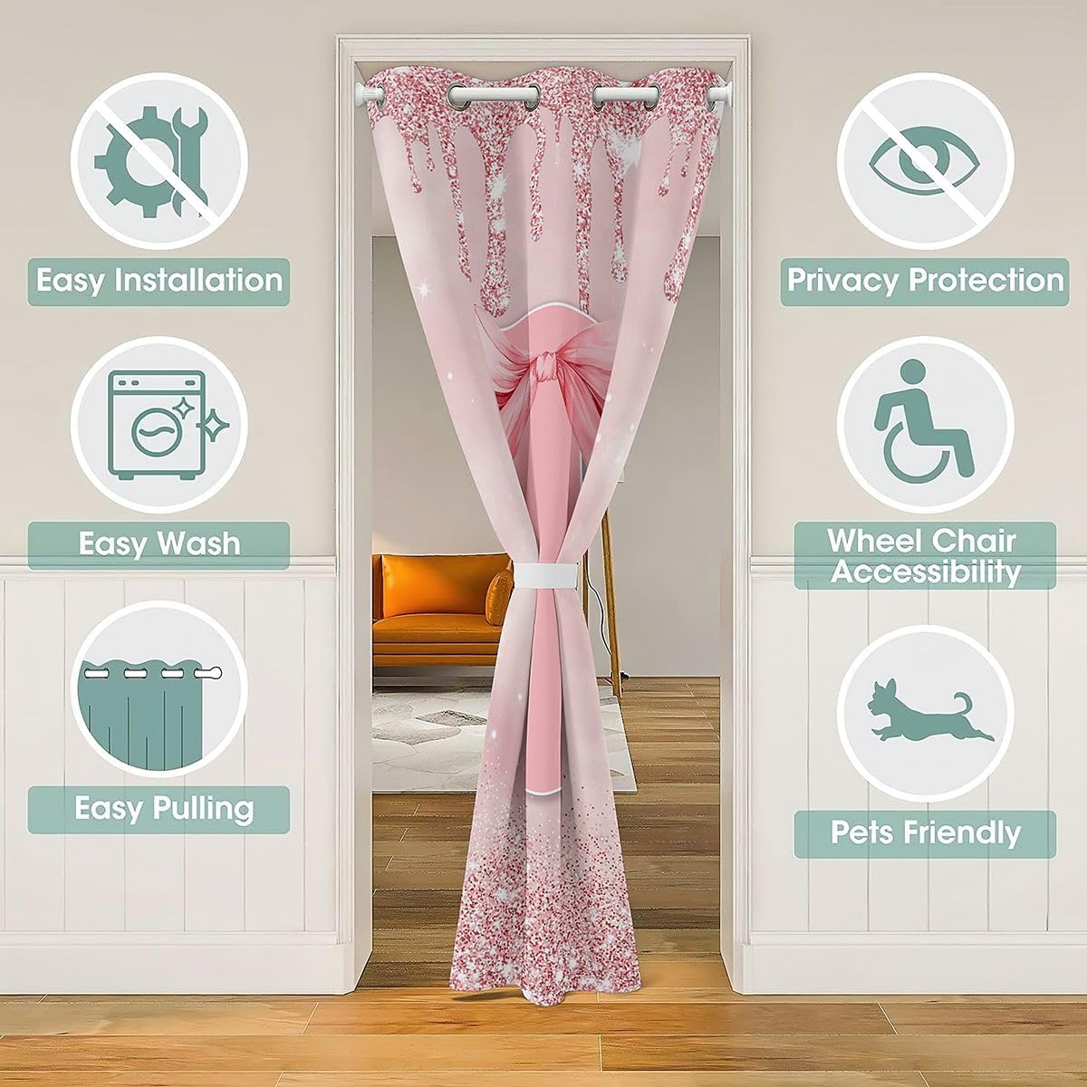 Manfei Pink Bowknot Door Curtain Personalized Bow Letter I Blackout Curtain for Bedroom Doorway Living Room,Princess Glitter Print Door Drape,Kids Boys Girls Room Decor,42"x80" 1 Panel image 3