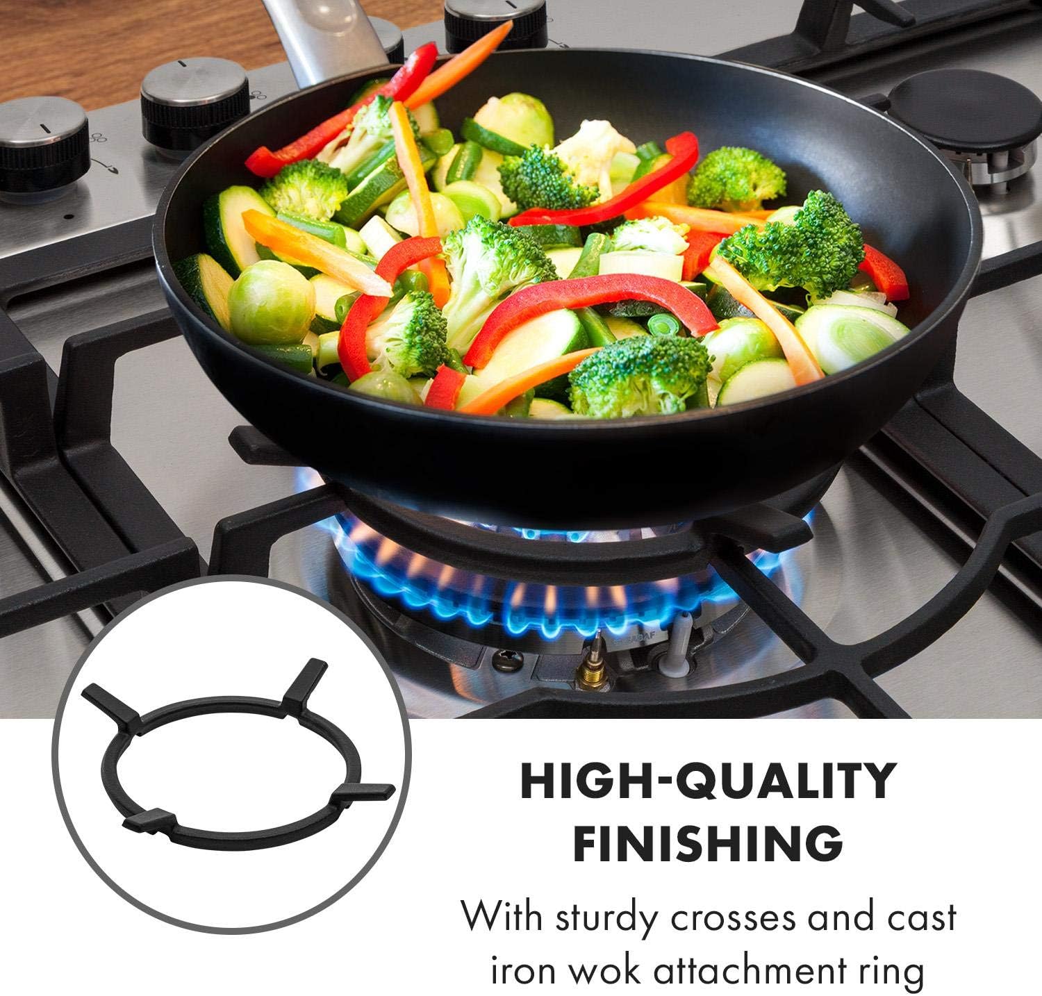 Klarstein Ignito 5-Zone Stainless Steel Gas Hob New Edition 5-Burner Self-Sufficient, 75 cm Sabaf Burner, Natural Gas / Propane Gas, Safe: Automatic Shut-Off, Cast Iron Pan Rack, Wok Attachment,