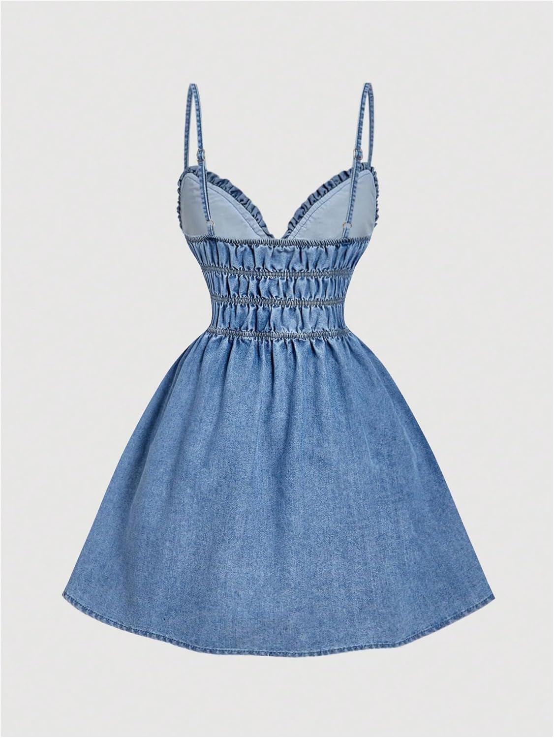 Milumia Women's Spaghetti Strap Denim Mini Dress Frilled V Neck Cinched Waist A Line Jean Dresses - Image 2