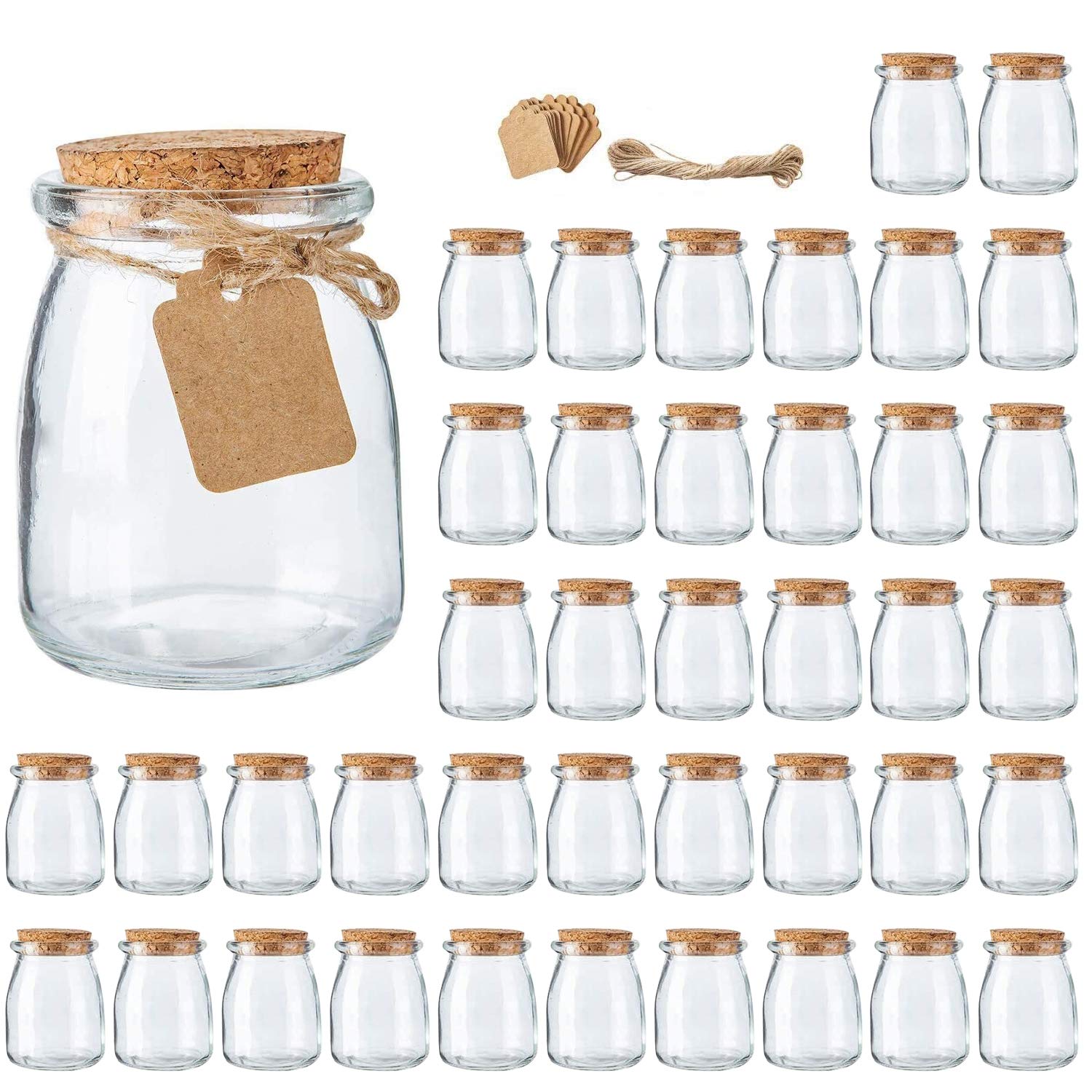 Brajttt Glass Jars, Mini Yogurt Jars 40 Pack, 7 oz Favor Jars with Cork Lids, Pudding Containers with Lids, Mason Jars Wedding Favors Honey Pot with Label Tags and String