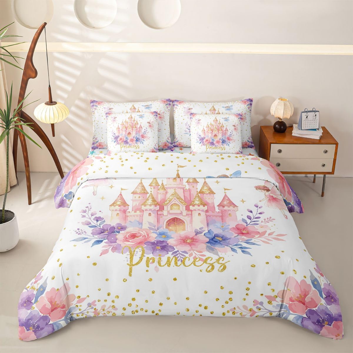 Loussiesd Juego de funda de edredón de 7 piezas para cama de matrimonio con funda de edredón, sábanas, fundas de almohada, fundas de cojín, color blanco, morado y rosa
