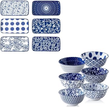 12 Pcs Ceramic Dinnerware - 24 Oz Cereal Bowls and 8.3 Inch Rectangle Plates Sets - Service for 6 - Vintage Blue