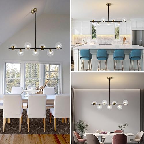 Miniatura 4 de KCO Lámpara de araña de iluminación negra y latón, 7 luces de vidrio transparente, lámpara moderna de globo grande Sputnik, candelabros de casa de