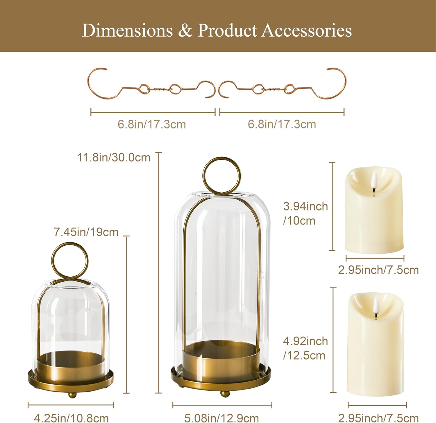 5"&4" Metal Candle Holder with Handmade Glass Dome in Brass & 2 Timer Candles, Set of 2 Versatile Hurricane Glass Candle Holders for Pillar Candles & Plants Vintage Brass