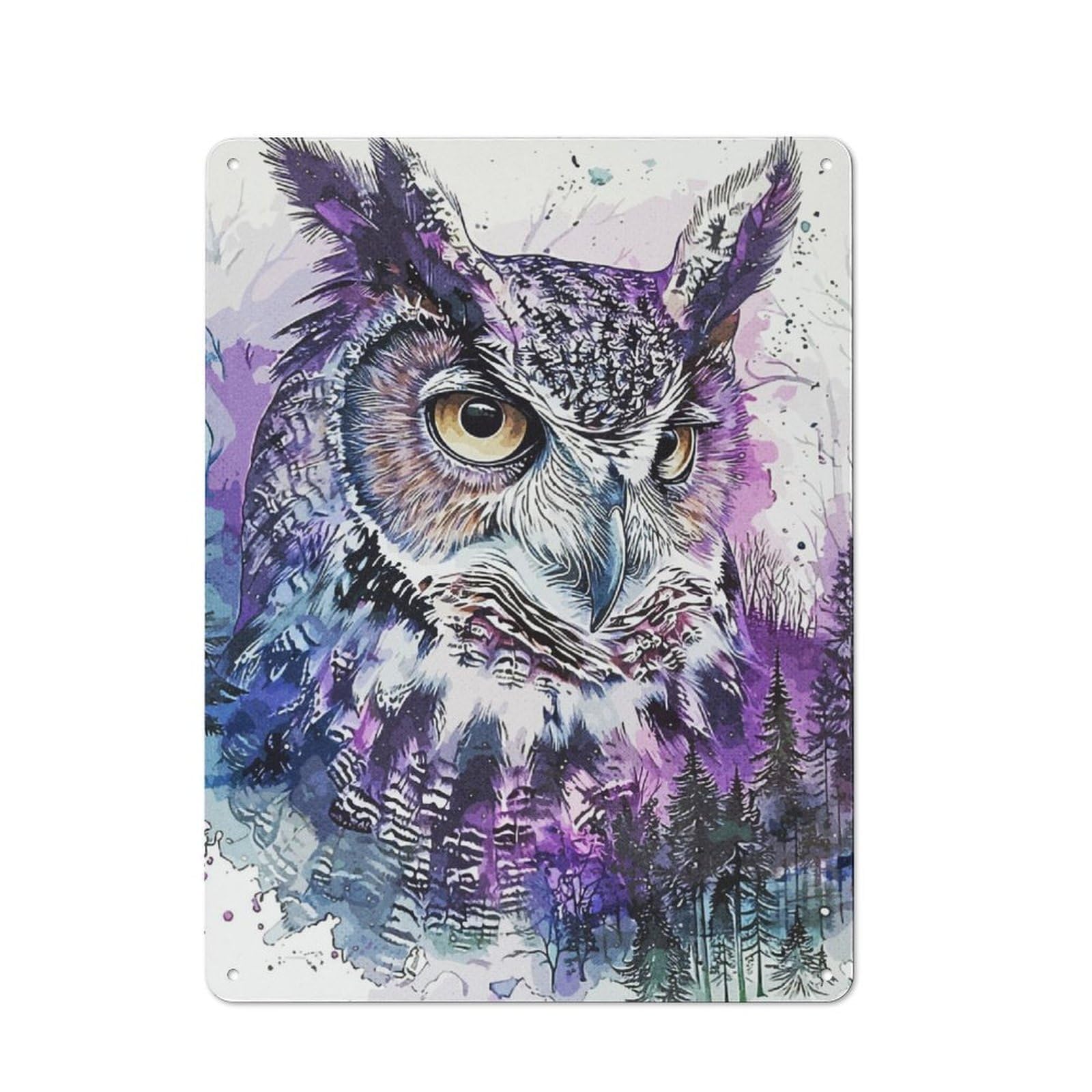 Junmoney Purple Color Owl Rustic Metal Sign 40X30cm, Barn Style Farmhouse Wall Decor For Kitchen, Cottage, Porch Or Garden Room