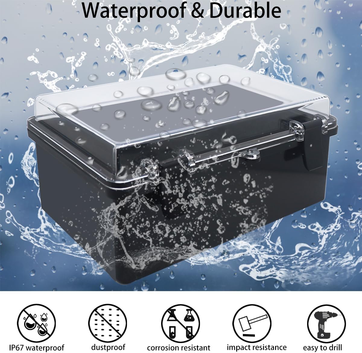 Junction Box, Hinged Black Clear Cover IP67 Waterproof ABS Project Box with Mounting Plate Electrical Box Enclosure with Wall Bracket 10.2 x 6.3 x 4.3inch(260x160x110mm)