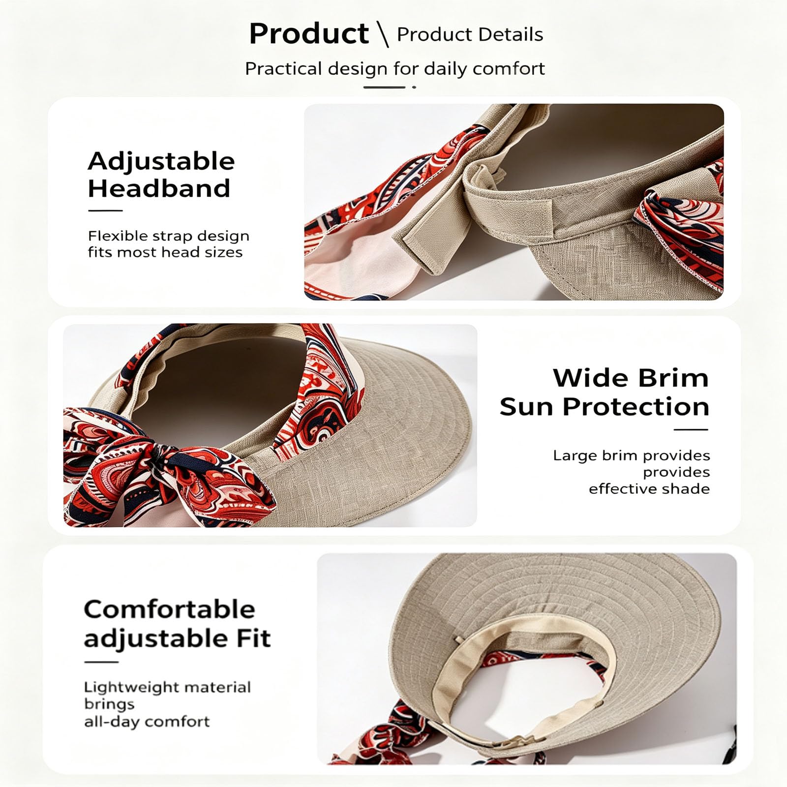 Cappello da donna con visiera a tesa larga | Sciarpa con visiera integrata in misto lino, motivo patchwork floreale, antivento, per spiaggia, ciclismo, viaggi
