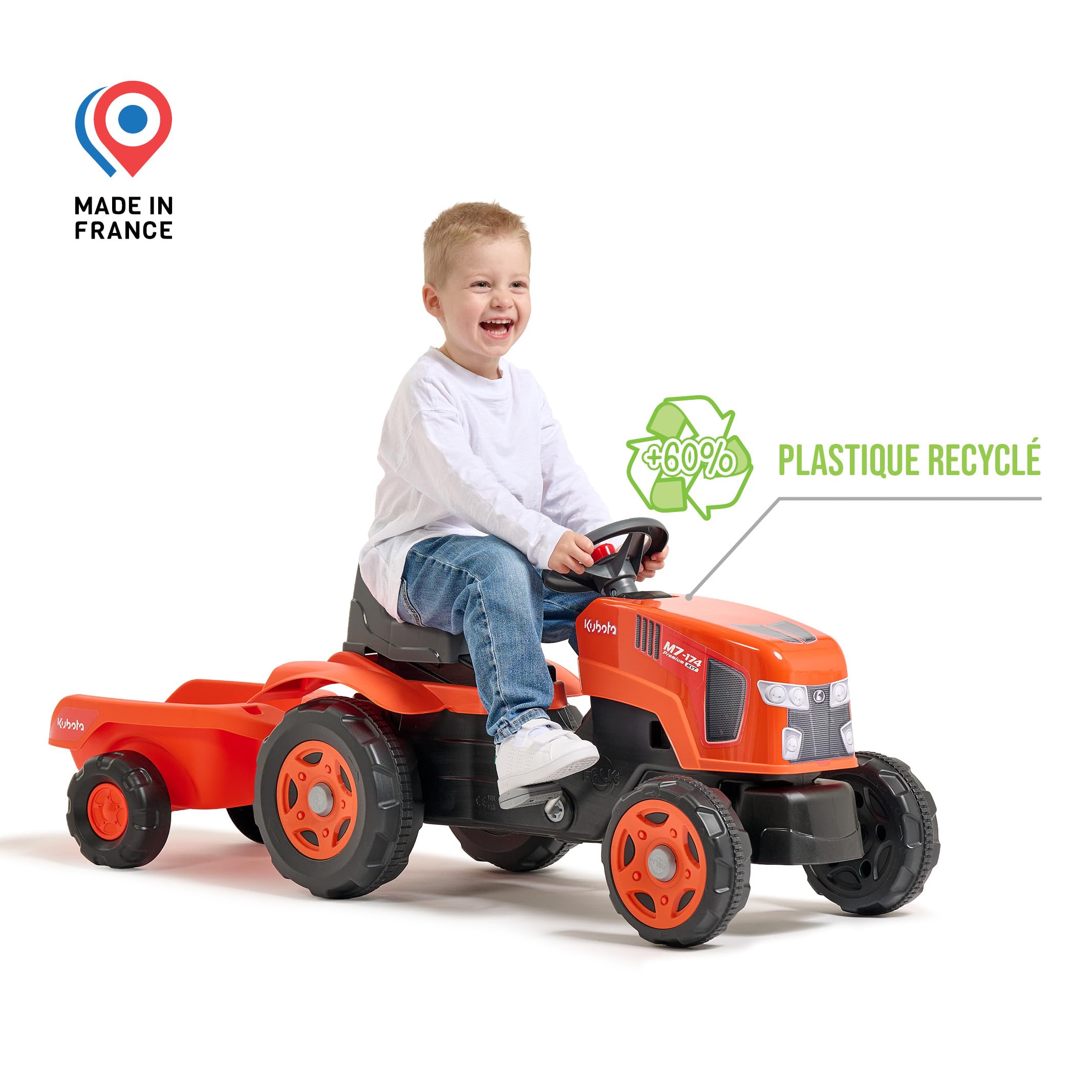 Falk Kubota Traktor mit Pedalen für Kinder, mit Anhänger, ab 2 Jahren | Haube zum Öffnen und verstellbarer Sitz