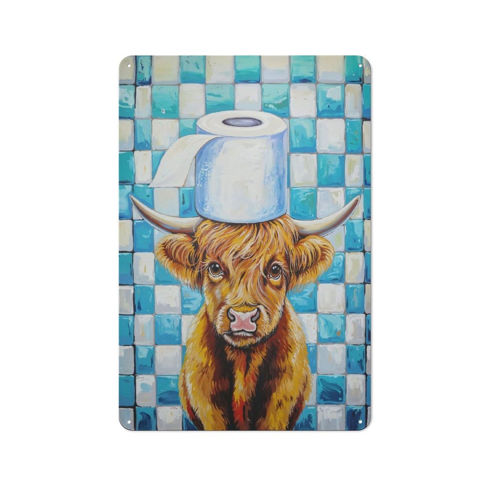 Junmoney Style-24 Metal Sign 30X20cm With Highland Cow With Toilet Paper Hat For Workshop Wall, Rustic Decor, Wall Decoration For Workshops And Hobby Rooms