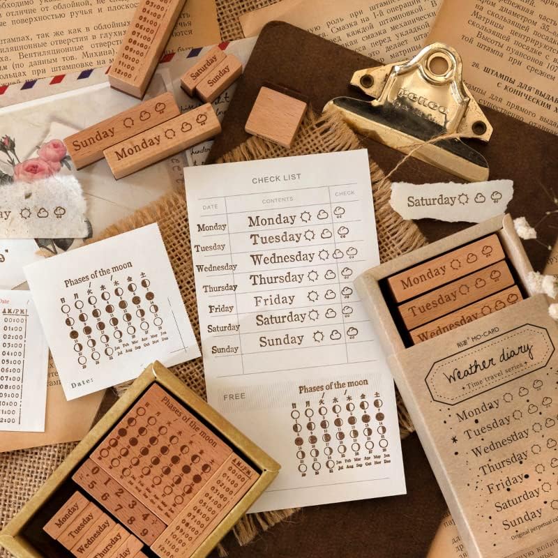 Alideco Vintage Time Perpetual Calendar Wooden Stamp DIY Decorative Prints Stamps Set for Journaling Crafts Card Making Painting Teaching (qingyuriji) image 5