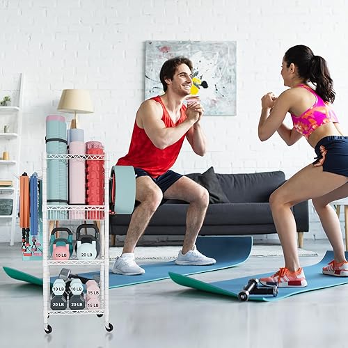 Vista 5 de FUTASSI Almacenamiento para Gimnasio en Casa, Organizador de Equipo de Entrenamiento de 3 Niveles con Ruedas para Esterillas de Yoga, Rodillo