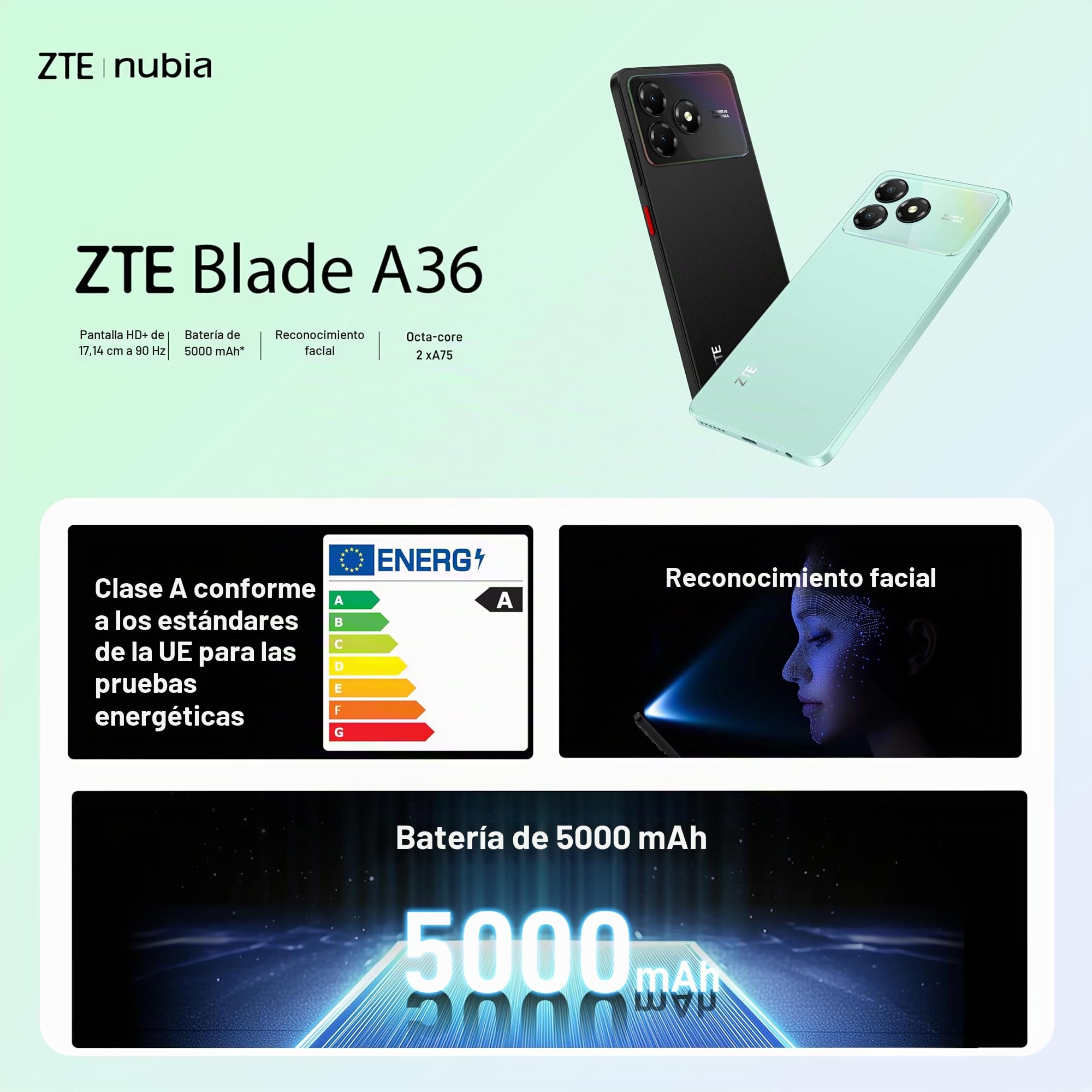 ZTE Blade A36 Smartphone Desbloqueado, 4GB RAM, 64GB de Almacenamiento, Pantalla de 6,75", Color Nebula Black