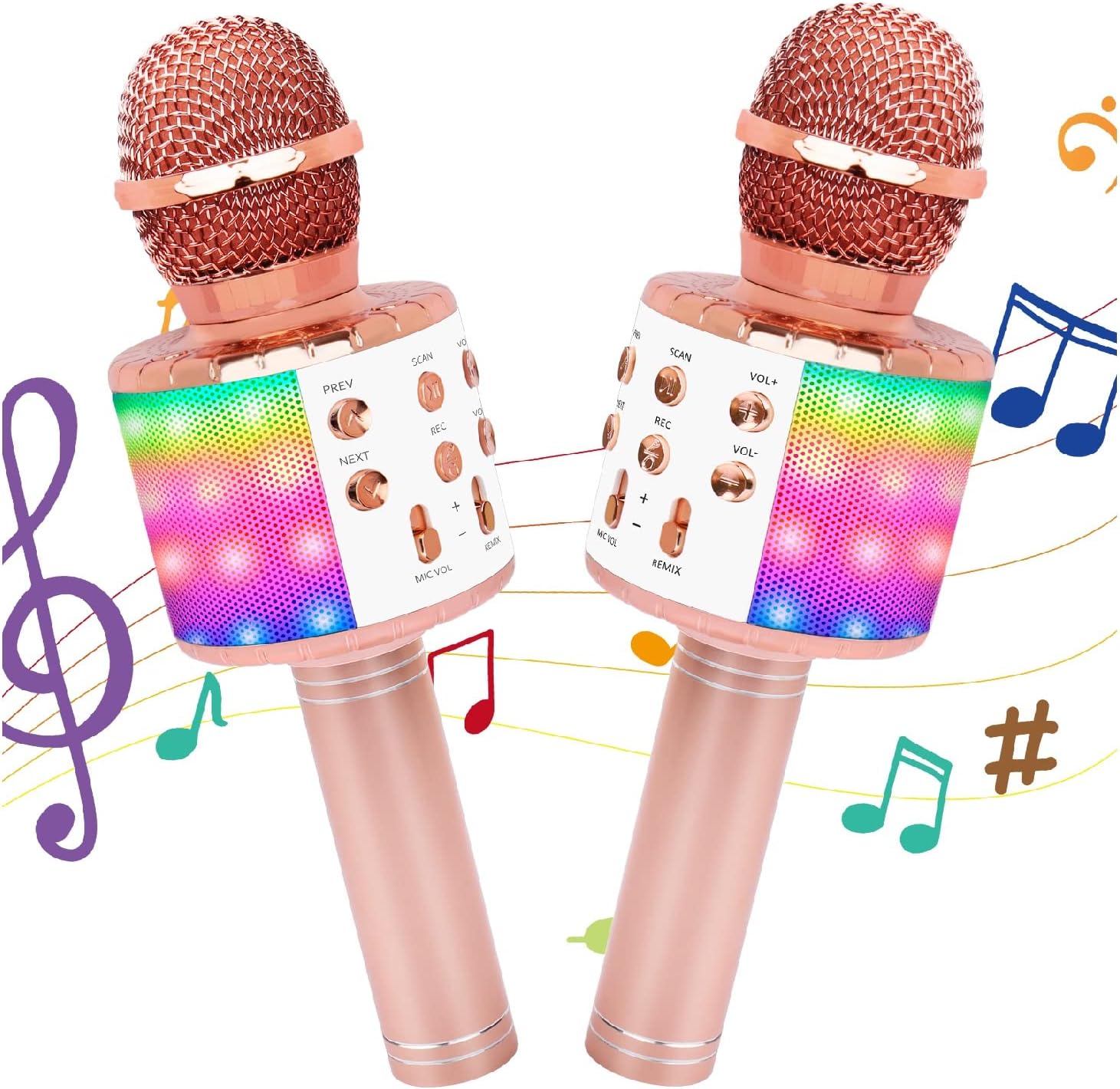 Wireless Bluetooth Karaoke Microphone 2 Pack, 5-in-1 Portable Handheld Karaoke Mic Speaker with Flashing Light for Singing Compatible with TV/Phone/PC Karaoke Machine (Rose Gold)