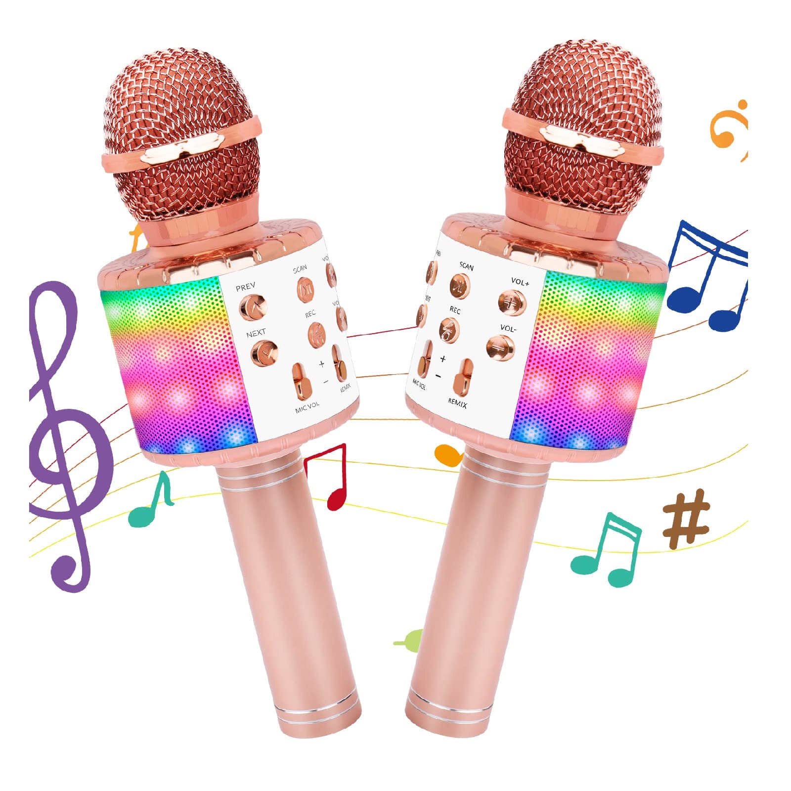 Wireless Bluetooth Karaoke Microphone 2 Pack, 5-in-1 Portable Handheld Karaoke Mic Speaker with Flashing Light for Singing Compatible with TV/Phone/PC Karaoke Machine (Rose Gold)