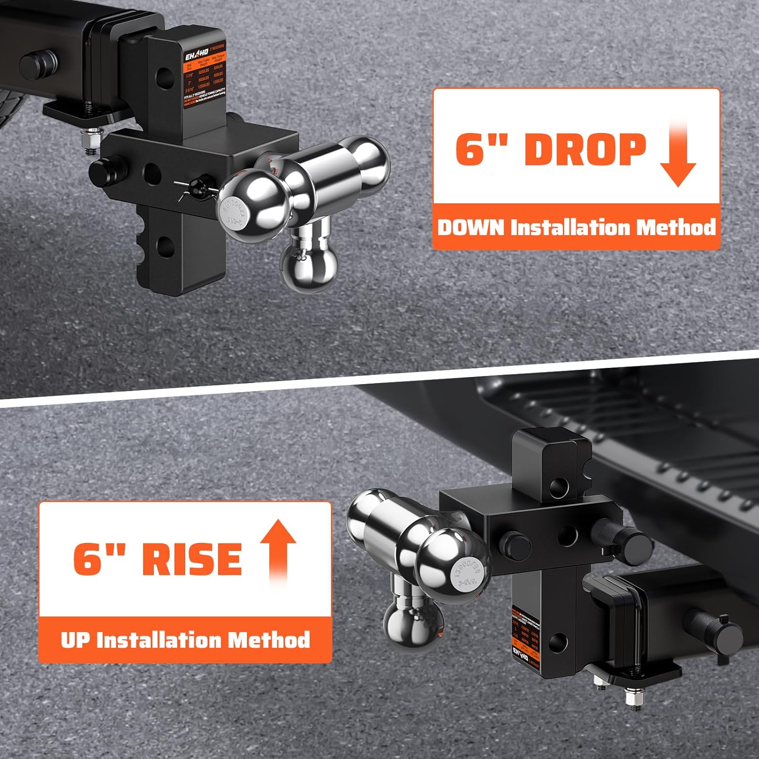 Adjustable Trailer Hitch,Tri-Ball Mount Drop Hitch 2 Inch Receiver with 6 Inch Drop/Rise for Truck 12,500 LBS GTW,Double Anti-Theft Locking Hitch Pins with Hitch Tightener