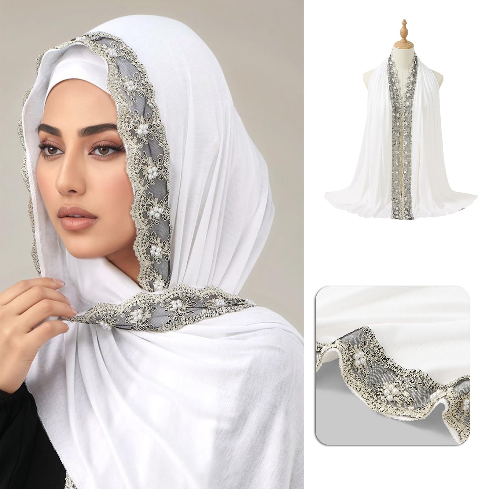 Elegante bandana hiyab para hombres, mujeres y niños, como cubierta para la cabeza o bufanda de encaje con cuentas, bufanda de hiyab de fácil cuidado