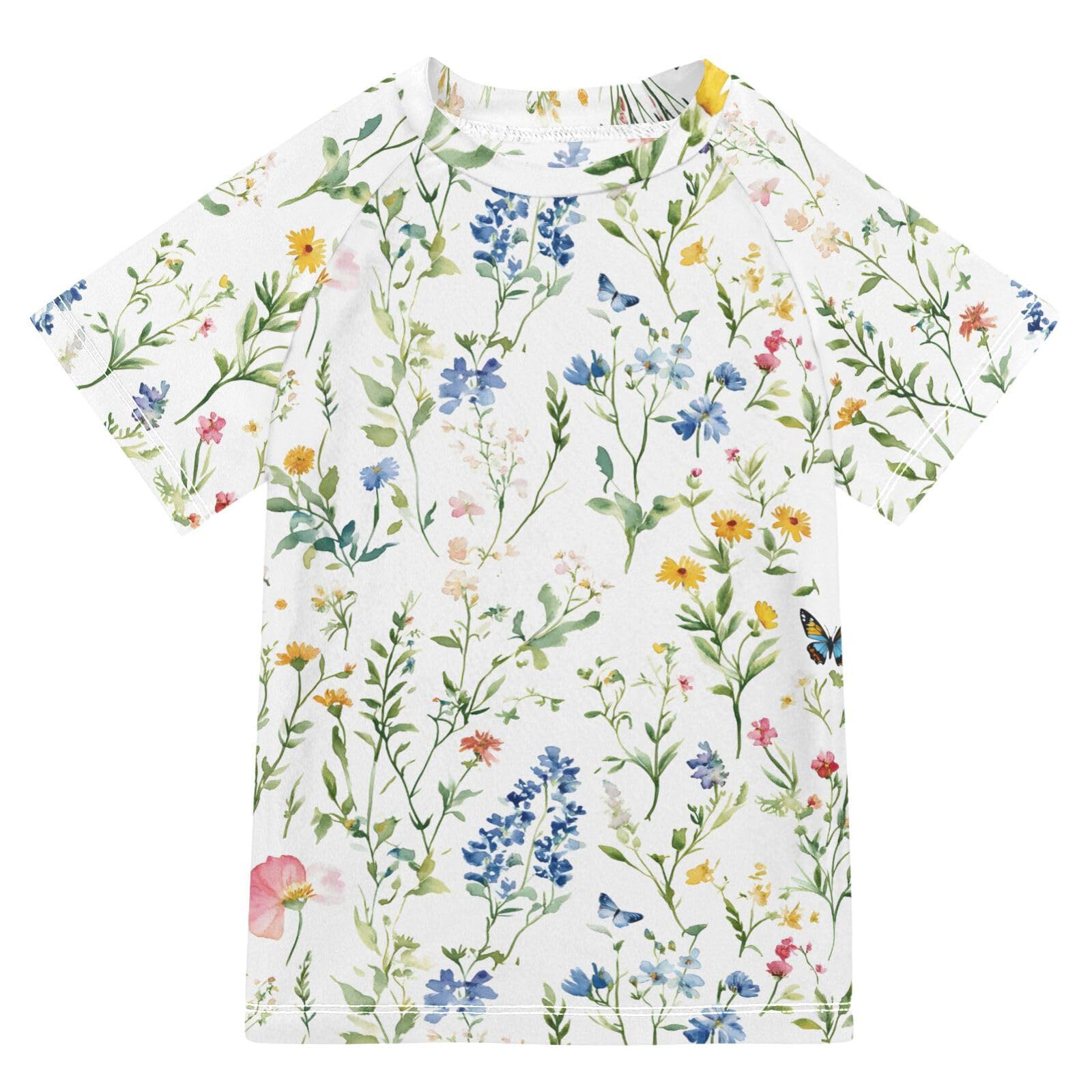 ALAZA Kids Rash Guard Boys Toddler Swim Shirts Short Sleeve Green Flower Grass UPF 50+ 3T