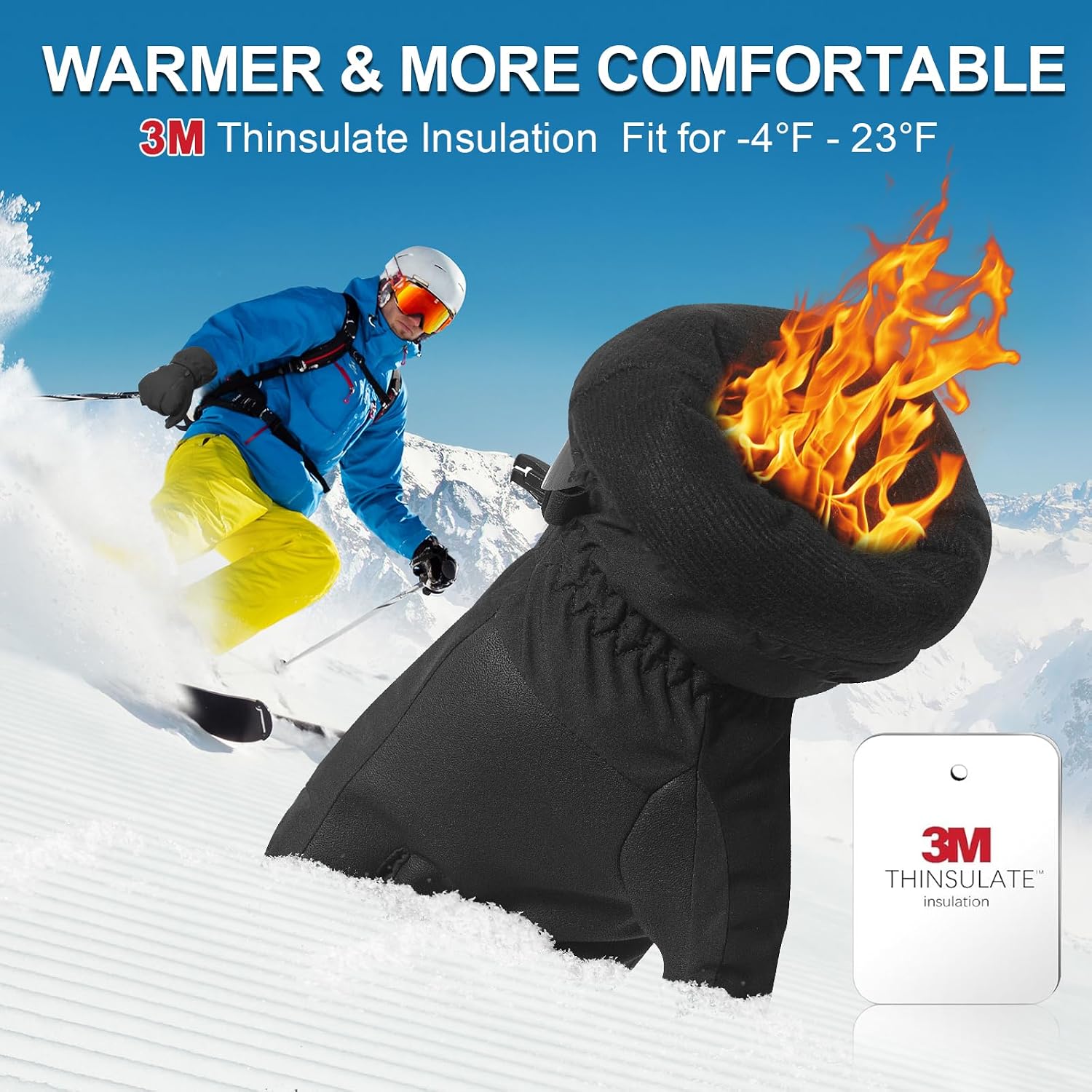 Ski Gloves for Men Women Waterproof Insulated, Winter Snow Gloves for Extreme Cold Weather with 3M Thinsulation, Warm Touchscreen Anti-Slip Glove with Zipper Pocket for Skiing Snowboard Alaska Cruise
