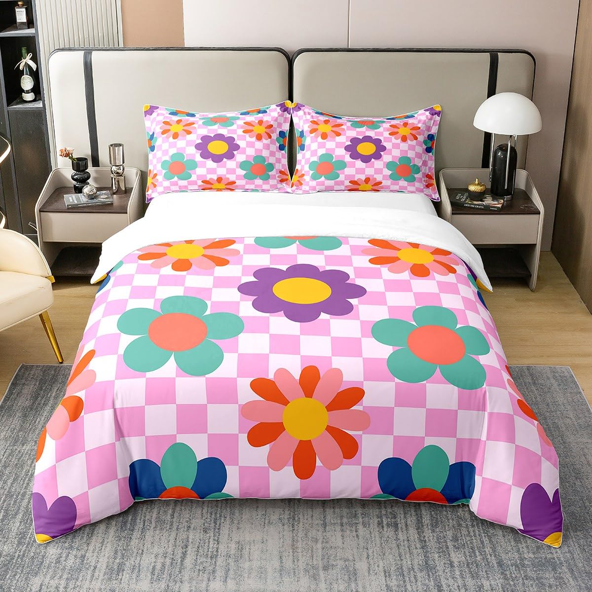 Ensemble de lit enfant avec housse de couette kawaii fleurs rétro idée cadeau fille