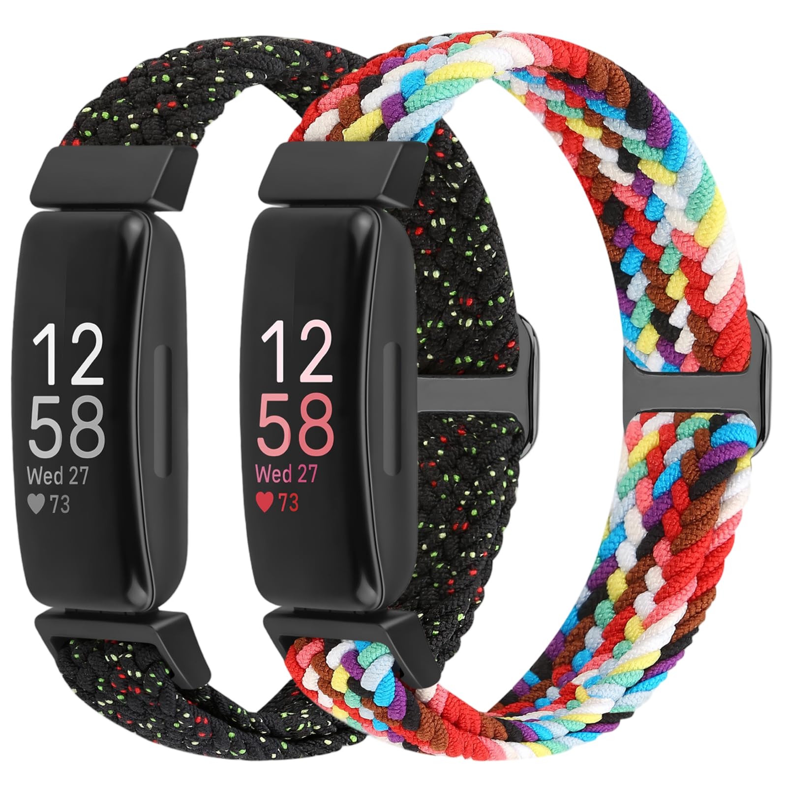 2 Pack Elastic Braided Straps Compatible with Fitbit Inspire 3/ Inspire 2/Inspire/Inspire HR/Ace 3/Ace 2 Women Men Kids, Adjustable Stretchy Wristbands Loop Sports Replacement Band